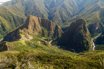 Obraz premium Aerial view of Machu Picchu ruins and Urubamba valley from Machu Picchu mountain, Peru