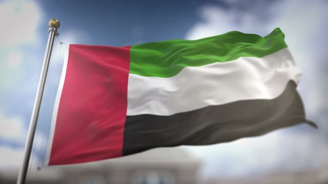 United Arab Emirates Flag Waving Slow Motion 3D Rendering Blue Sky Background - Seamless Loop 4K