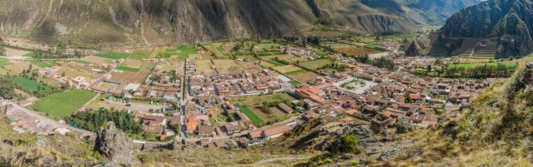 Aerial view of Ollantaytambo and Inca's agricultural terraces, Sacred Valley of Incas, Peru