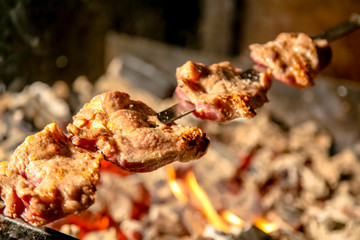 Shish kebab roasting over the red coals on the grill, barbecue.