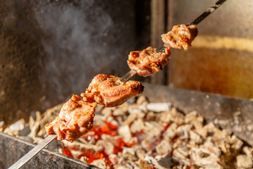Shish kebab roasting over the red coals on the grill, barbecue.