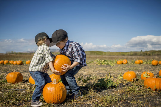 Two young boys trying to lift pumpkin.