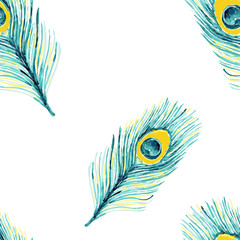 Beautiful hand drawn watercolor peacock feather seamless pattern. Trendy fashion blue colors on white background perfect for tissue, fabric and textile.