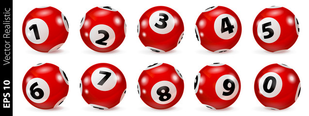 Lottery Number Balls. Bingo balls set. Bingo balls with numbers. Set of red balls. Realistic vector. Lotto concept. Red Bingo Ball.