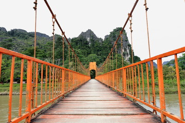 Toll suspension footbridge over Nam Song river-Vang Vieng-Vientiane province-Laos. 4672