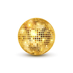 Disco ball isolated illustration. Night Club party light element. Bright mirror golden ball design for disco dance club