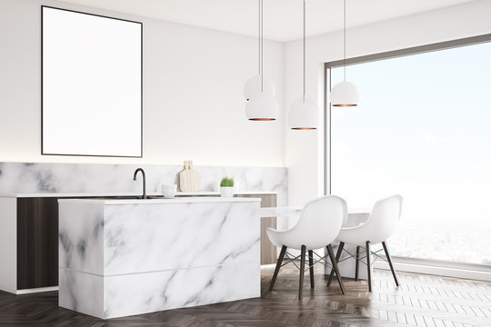 Marble kitchen with poster, side