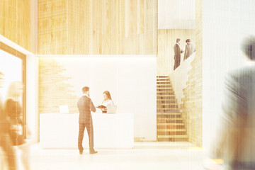 Wooden reception, people, front, toned