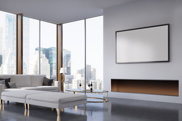 Living room with fireplace, side