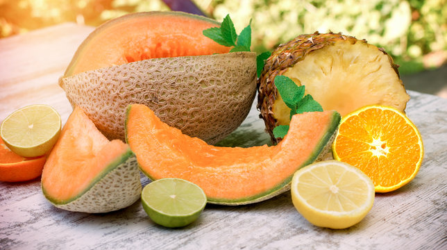 Healthy organic food - fresh, juicy and juicy (tasty) fruit on table
