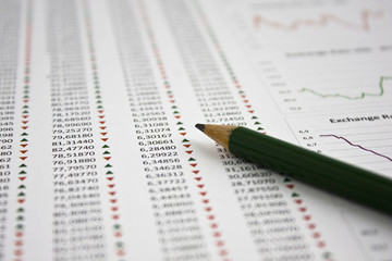 Finance reports and green pencil