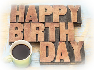 Happy Birthday greeting card in wood type