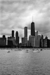 Chicago skyline on a cloudy day in black and white