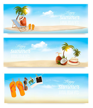 Tropical island with palms, a beach chair and a suitcase. Vacation vector banners. Vector.