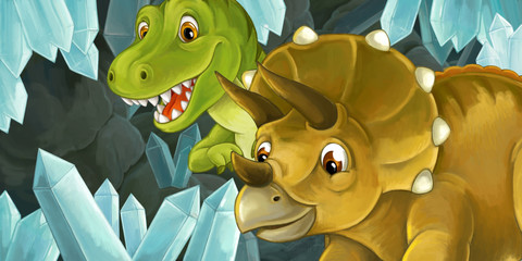 cartoon scene of cave with big crystals and dinosaurs for different usage © agaes8080