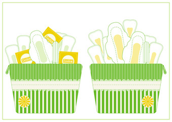 Cosmetic, beautician make up colorful stripe green and yellow bag with menstruation sanitary pads, condoms and cotton tampons.