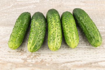 Cucumber on white wooden background close up.