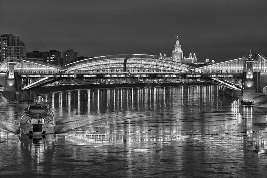 Moscow-river, bridge, winter. Russia. B&W toning.