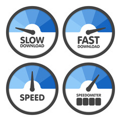 Round Speedometers set with slow and fast speed download. Vector illustration