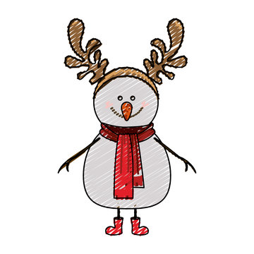 recommend clip art: color crayon stripe cartoon of snowman with red boots and scarf and horns of reindeer vector illustration