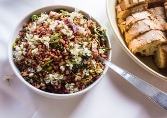 healthy grain salad made with farro, beets, fiddleheads, and cherry blossums, served with fresh baked bread
