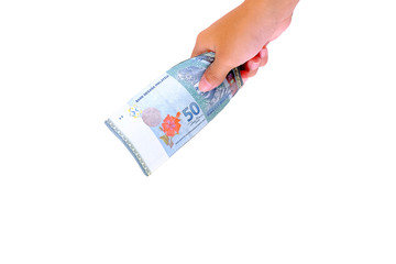 Hand holding Malaysia Ringgit money isolated on white background.