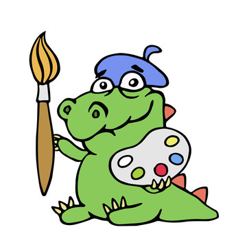 recommend clip art: cute dinosaur artist painter. vector illustration