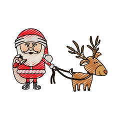 color crayon stripe cartoon of santa claus with gift bag and reindeer with rope vector illustration