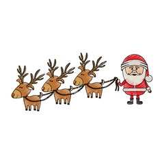color crayon stripe cartoon of three reindeers and santa claus vector illustration