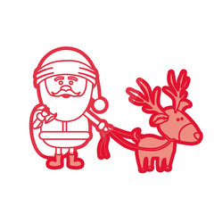 red silhouette of santa claus with gift bag and reindeer with rope vector illustration