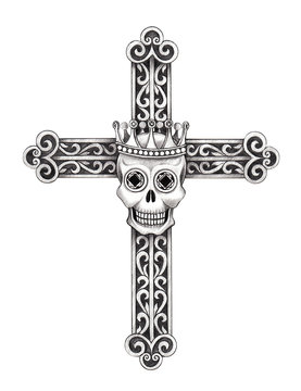 Art  king skull cross.Hand pencil drawing on paper.