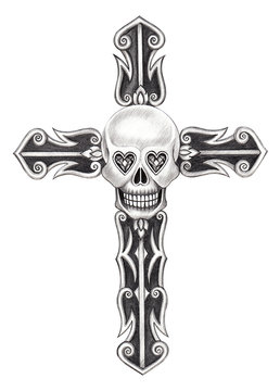 Art skull cross.Hand pencil drawing on paper.