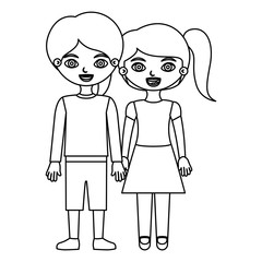 black contour couple children with taken hands vector illustration