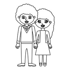 black contour curly couple woman with dress and man with bowtie and taken hands vector illustration