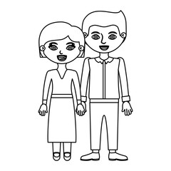 black contour couple woman blouse and skirt with man in formal suit and taken hands vector illustration