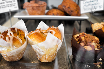 Morning pastries on display for sale at a cafe or bakery