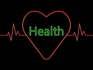 Red heart with inscription "Health" in center. Graphic illustration on black background