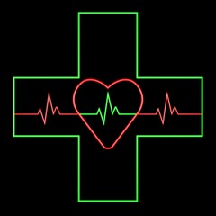 Green cross with red heart in center. Graphic illustration on black background