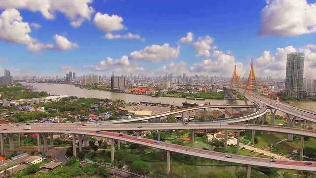 Aerial view: beautiful scenery for a bridge across the river in Thailand.