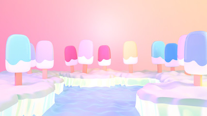 Cartoon colorful fruit popsicles world. Winter landscape of Arctic Sea Ice. Concept of children imagination adventure. 3d render picture.