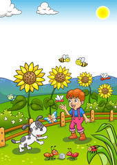 Little Gardener Boy with Sunflower and his Dog.