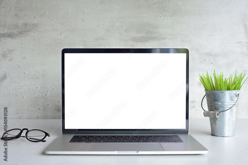 Poster modern laptop computer white screen on desk table front view