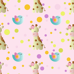 seamless pattern with cartoon cute toy baby giraffe, bird and Circles on a light pink background