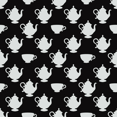 Seamless pattern with a white teapots on a black  background