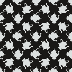 Seamless pattern with a white teapots on a black  background