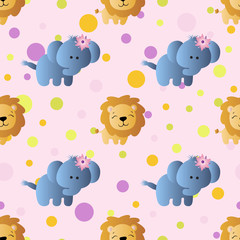 seamless pattern with cartoon cute toy baby elephant, lion and Circles on a light pink background