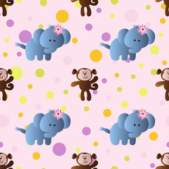 seamless pattern with cartoon cute toy baby elephant, monkey and Circles on a light pink background © ame kamura