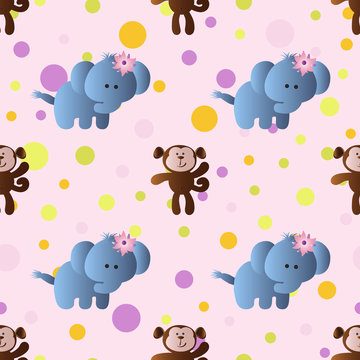 seamless pattern with cartoon cute toy baby elephant, monkey and Circles on a light pink background