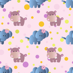 seamless pattern with cartoon cute toy baby behemoth, elephant and Circles on a light pink background