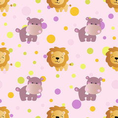 seamless pattern with cartoon cute toy baby behemoth, lion and Circles on a light pink background